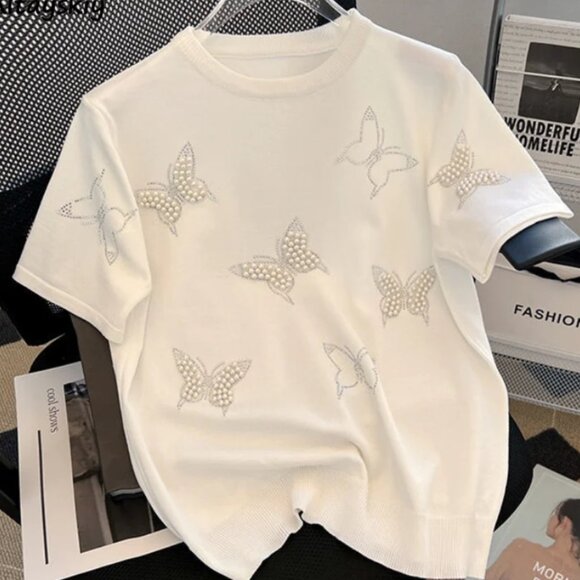 NWOT butterfly stud pearl details short sleeve lightweight sweater Size S (273) - Picture 1 of 6